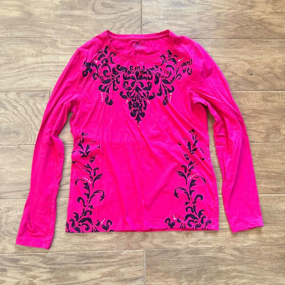 Jones New York Sport Tee Size L Pink/Black Damask Print Rhinestone Long Sleeve